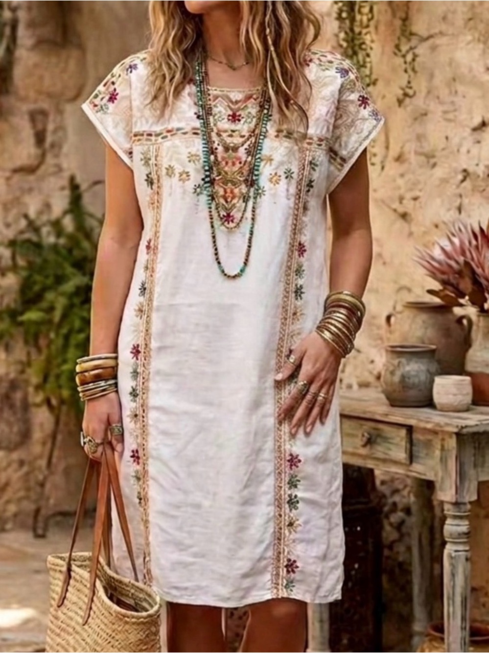 Johnny Was White Linen Embroidered Tunic Dress Boho Indie Festival Size Small